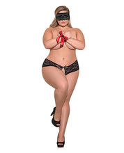 Load image into Gallery viewer, Love &amp; Bondage Split Back Lace Booty Short, Blindfold &amp; Wrist Ties Black QN