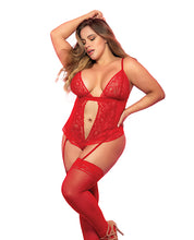 Load image into Gallery viewer, Lace &amp; Mesh Teddy W/hook &amp; Eye Crotch Closure W/attached Garter Straps Red