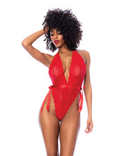 Load image into Gallery viewer, Lace Deep-V Halter Teddy w/Hook and Eye Crotch Closure - Red