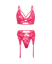 Load image into Gallery viewer, Aphrodite Lace Keyhole Bralette w/Garters &amp; G-String - Raspberry