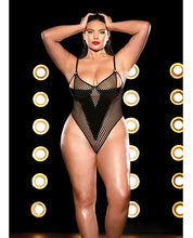 Load image into Gallery viewer, Fetish Frisky Fishnet &amp; Vinyl Shelf Cup Peek A Boo Teddy Black