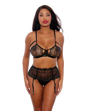 Load image into Gallery viewer, Two Tone Scalloped Lace Bra, High Waist Garter Belt &amp; G-string Black/silver