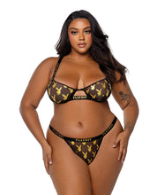 Load image into Gallery viewer, Playboy Gold Foil Mesh &amp; Satin Bralette w/Thong 2 pc Set - Black/Gold