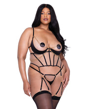 Load image into Gallery viewer, Caged Temptress Satin &amp; Tulle Bustier W/draped Chain Detail &amp; Thong Black