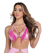 Load image into Gallery viewer, Metallic Iridescent Triangle Top w/Fringe - Pink O/S