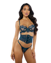 Load image into Gallery viewer, Eden Scalloped Eyelash Lace &amp; Wet Look Waspie 3 pc Set - Teal