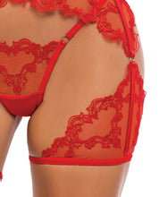 Load image into Gallery viewer, Baroque Heart Embroidered Lace 3 pc Chaps Set - Red