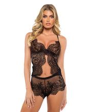 Load image into Gallery viewer, Dreamer&#39;s Lust Scalloped Eyelash Lace and Satin 2 pc Camisole Set - Black