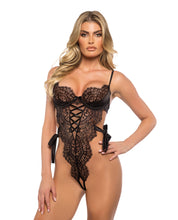 Load image into Gallery viewer, Dreamer&#39;s Lust Scalloped Eyelash Lace and Satin Crotchless Teddy - Black