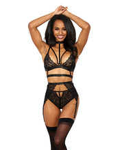 Load image into Gallery viewer, Stretch Lace w/Satin Elastic Bra, Garter Belt &amp; G-String Panty Black XXL
