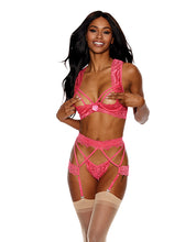 Load image into Gallery viewer, Lace Underwire Peek a Boo Bra, Garterbelt &amp; G-String Coral XXL