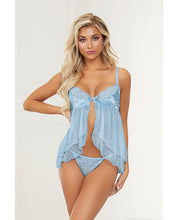 Load image into Gallery viewer, Satin Jacquard Dot Mesh Scallop Lace Babydoll &amp; G-string Blue