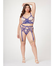 Load image into Gallery viewer, Sheer Stretch Mesh W/floral Contrast Embroidery Bustier, Garter Belt &amp; Thong Blue/nude