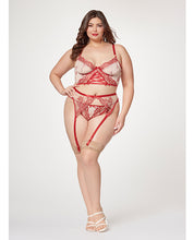 Load image into Gallery viewer, Sheer Stretch Mesh W/floral Contrast Embroidery Bustier, Garter Belt &amp; Thong Red/nude