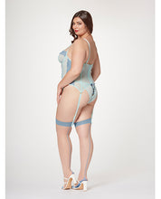 Load image into Gallery viewer, Lace &amp; Mesh Bustier W/lace Up Center, Garter Belt &amp; Thong Blue