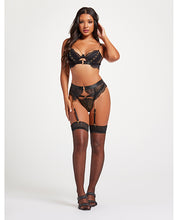 Load image into Gallery viewer, Scalloped Lace Bra W/gold Chain, Garter Belt &amp; Thong Black