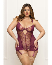 Load image into Gallery viewer, Metallic Lace with Mesh Gartered Chemise &amp; Thong - Plum 1X/2X