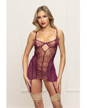 Load image into Gallery viewer, Metallic Lace with Mesh Gartered Chemise &amp; Thong - Plum