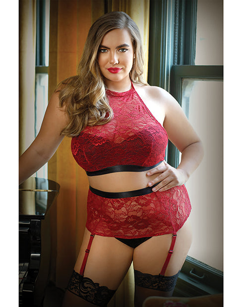 Curve Aria Lace Halter Top & High Waist Panty Red
