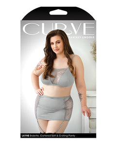 Curve Layne Lace & Microfiber Bralette W/garter Skirt & G-string Gray