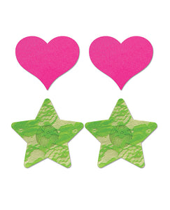 Fantasy Uv Reactive Neon Heart & Lace Star Pasties - Pink & Green O-s Pack  Of 2
