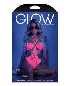 Glow Black Light Halter Bodysuit in Neon Pink