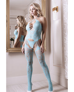 Sheer Fantasy Halter Neck Floral Lace Gartered Bodystocking & Panty Light Blue O-s